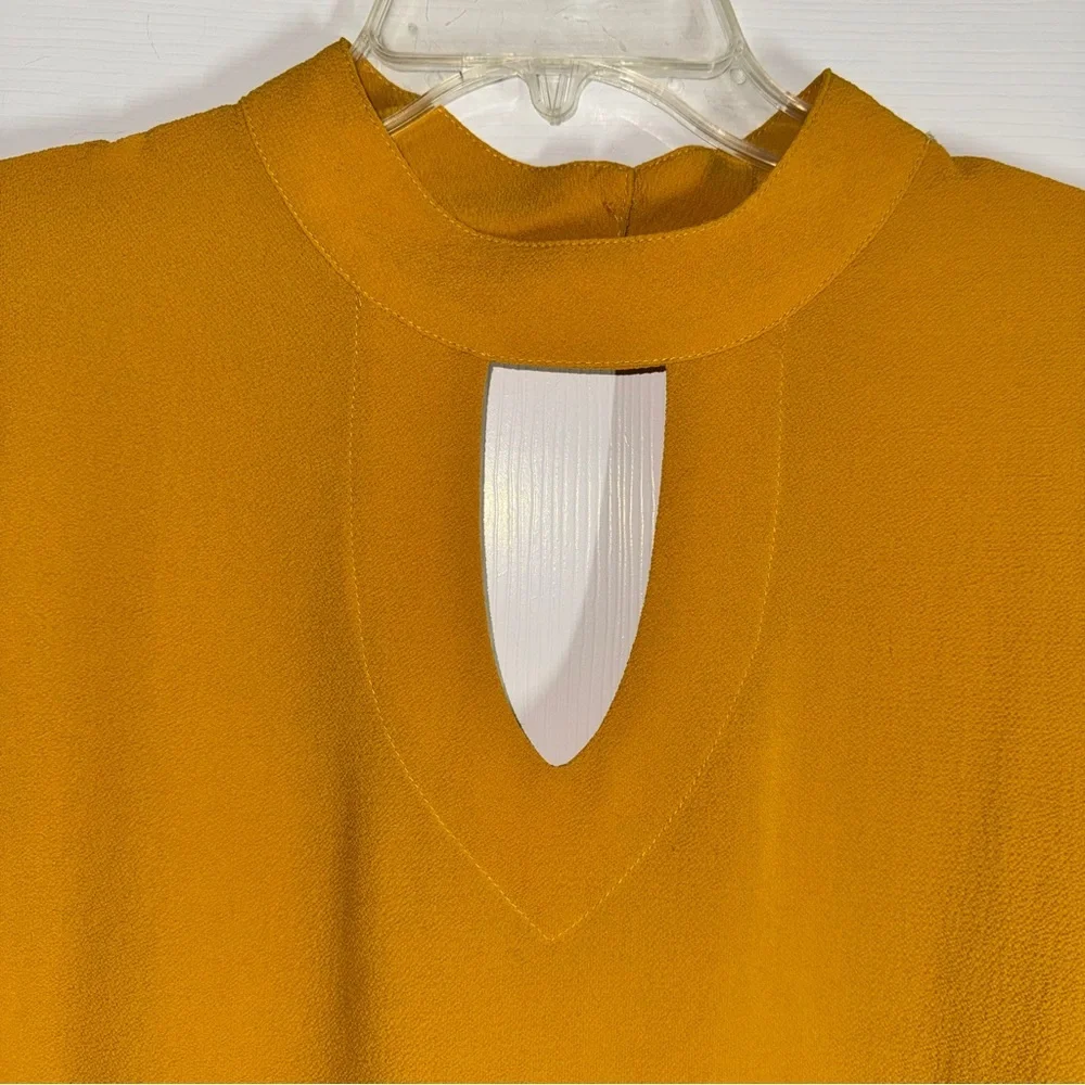 JODIFL Golden Mustard Yellow Double Keyhole Long Sleeve Blouse Wrist Ruffles